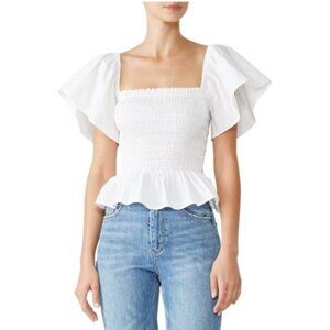 Natori Smocked Crop Top White Puff Sleeves Size Small Ribbed Josie Square Neck S